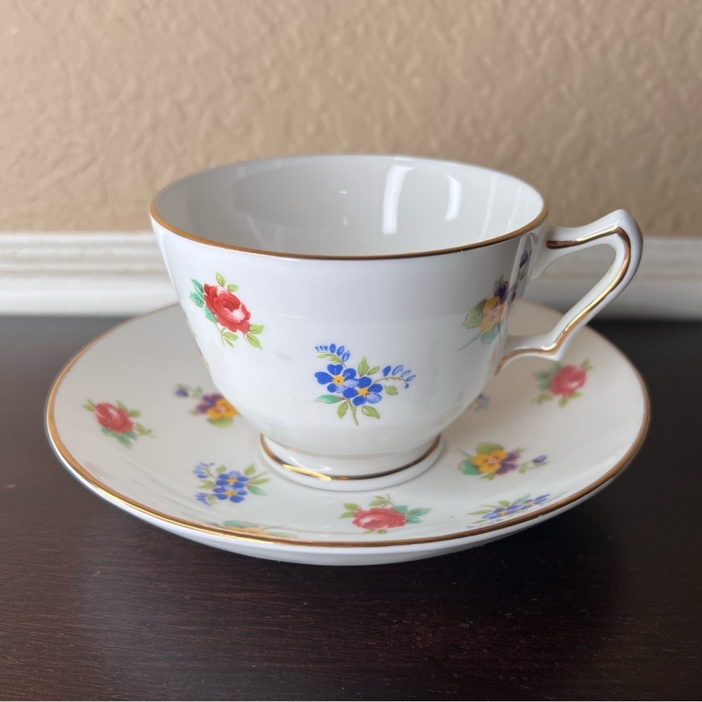 Vintage 1950s Teacup and Saucer – Crown Staffordshire England Rose and Pansy​